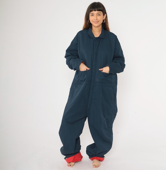 Vintage Quilted Coveralls 80s Insulated Workwear Boilersuit Padded Lined Boiler Suit Winter Work Wear Dark Blue Jumpsuit Men's XXL Long