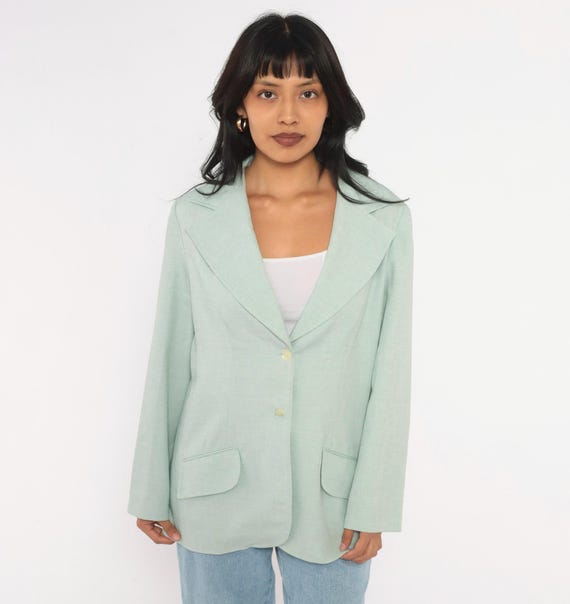 70s Mint Green Blazer Wide Notched Lapel Jacket Sage Pastel Pocket Long Sleeve Preppy Light Academia Spring Coat Nan Scott Vintage Medium M