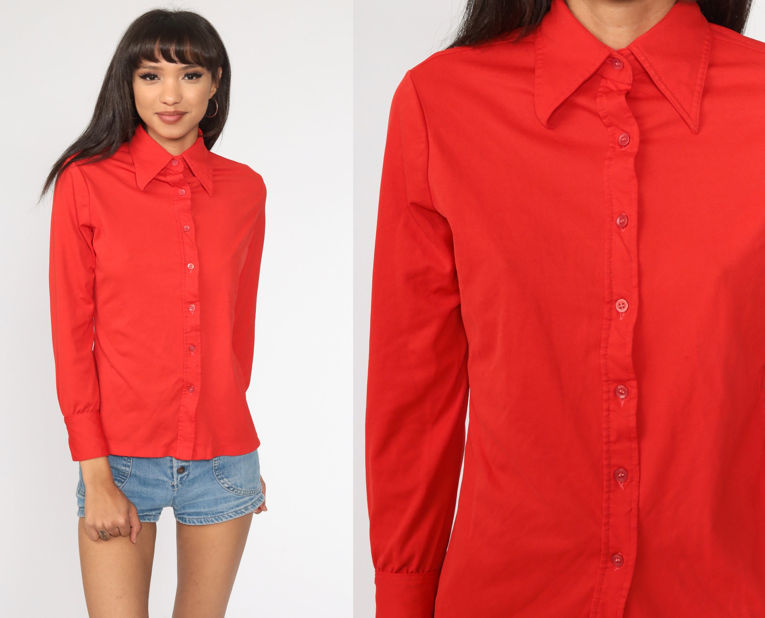 Polka Dot Shirt 70s Dagger Collar Top Button Up Shirt Dark Red Blouse Boho Disco 1970s Collared Nerd Geek Vintage Long Sleeve Small