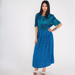 Blue Floral Dress 90s Bohemian Maxi Dress Ankle Length Day Dress Hippie Flower Print Short Sleeve Summer Rayon Vintage 1990s Large L