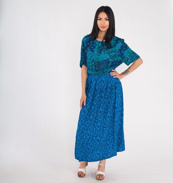 Blue Floral Dress 90s Bohemian Maxi Dress Ankle Length Day Dress Hippie Flower Print Short Sleeve Summer Rayon Vintage 1990s Large L