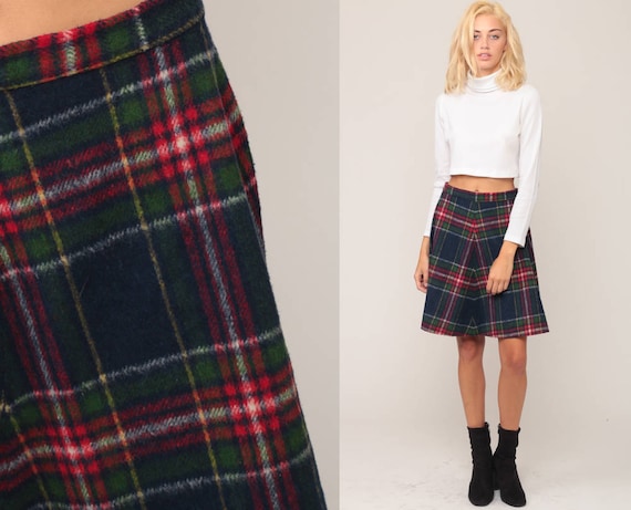 Plaid Skirt Mini High Waisted 70s Mod Tartan Preppy Knit Red Blue Green Checkered Retro Vintage 1970s Medium