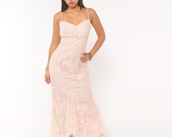 80s Blush Lace Gown Sweetheart Neckline Mermaid Hem Pink Coquette Balletcore Formal Evening Slip Rose Cream Floral Vintage Extra Small XS