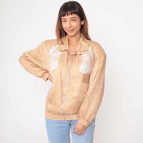 Silk Bomber Jacket 90s Beige Tan Champagne Zip Front Embroidered Floral Track Athletic Elastic Waist Cuffs Lined Vintage Neutral Medium M