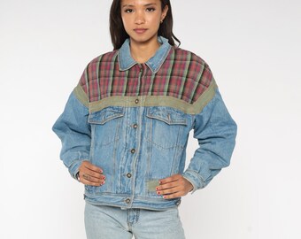 Plaid Jean Jacket 90s Denim Jacket Western Yoke Jacket
