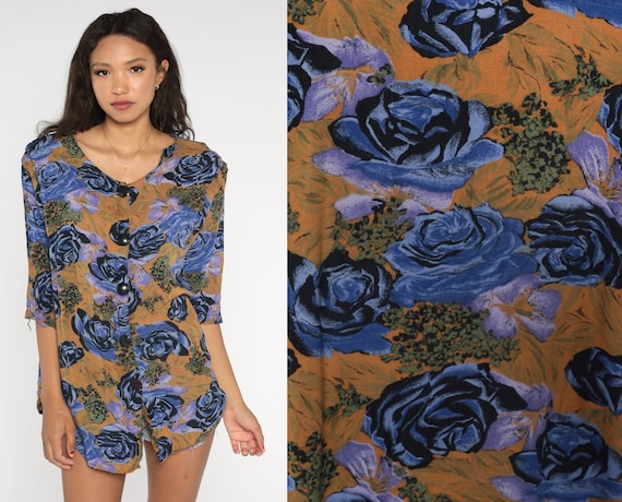 90s Floral Button Up Blouse Purple Rose Print Top Retro Boho Pleated Shirt 3/4 Sleeve Rayon Bohemian Vintage 1990s Brown Extra Large xl