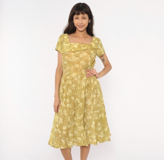 60s Olive Floral Dress Square Neckline Cotton Pleated Full Skirt Cap Sleeve Cream Flower Print Summer Spring Sheer Sundress Vintage Medium M