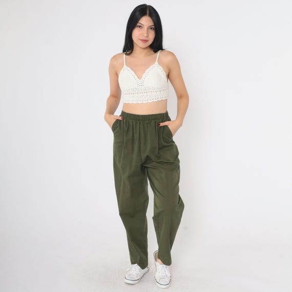 Vintage Olive Green Pants Lounge Pants 90s Relaxed Straight Leg High Elastic Waist Pants Casual Trousers Cotton Blend 1990s Small 6 Petite