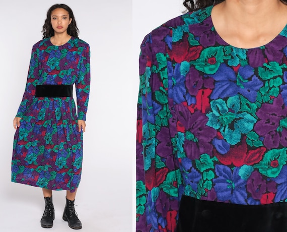 Floral Grunge Dress 80s Pleated Dress Midi 1980s Vintage Boho High Waist Bohemian Long Sleeve Medium