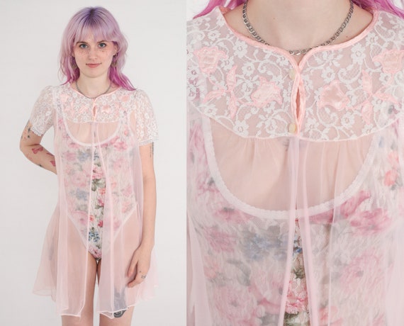 Baby Pink Robe 70s Lingerie Jacket Pastel Sheer Floral LACE Kimono Robe Short Mini Lingerie Nylon Chiffon Puff Sleeve 1970s Vintage Small