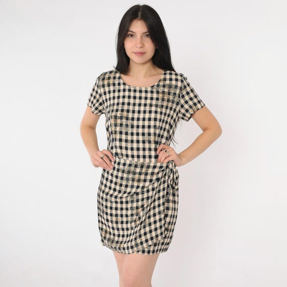 Vintage Checkered Floral Dress 90s Black Beige Gingham Mini Dress Wrap Skirt Shift Grunge Short Sleeve Pockets Retro MiniDress 1990s Small S