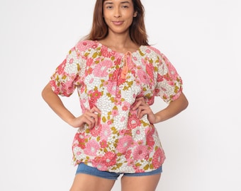 Floral Peasant Blouse 70s Vintage Pink Daisy Print Puff Sleeve Top Cottagecore Prairie Summer Bohemian Lightweight Cotton Medium M