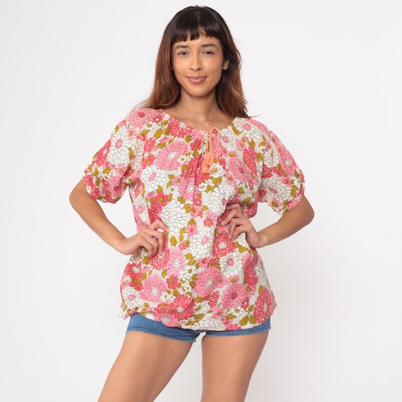 Floral Peasant Blouse 70s Vintage Pink Daisy Print Puff Sleeve Top Cottagecore Prairie Summer Bohemian Lightweight Cotton Medium M