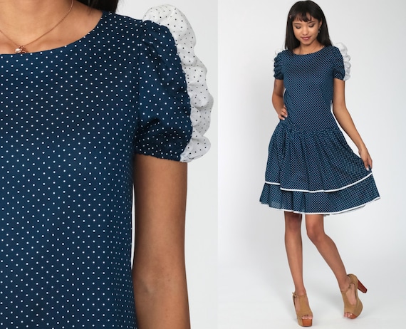 Puff Sleeve Dress 80s Blue Polka Dot Print Dress Drop Waist Dress Ruffled Dance Dress Vintage Minidress 1980s Party Puffy Sleeve Small
