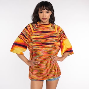 70s Space Dye Trui 70s Trui Gebreide Pullover Trui Gestreepte Trui Brede Mouw Boho Hippie Vintage Grote L