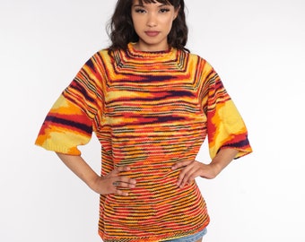 70s Space Dye Sweater 70s Sweater Knit Pullover Sweater Striped Sweater Wide Sleeve Bohemian Hippie Vintage Large L