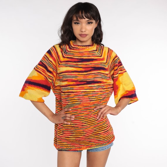 70s Space Dye Sweater 70s Sweater Knit Pullover Sweater Striped Sweater Wide Sleeve Bohemian Hippie Vintage Large L