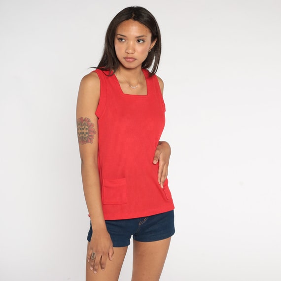 70s Tank Top Red Pocket Shirt Ribbed Polyester Knit Blouse Retro Sleeveless Shirt Mod Top Bohemian 1970s Vintage Plain Blank Small Medium