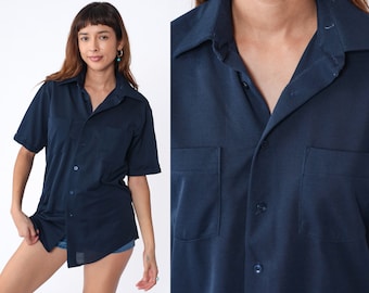 Navy Blue Shirt 70s Button Up Shirt Retro Preppy Collared Top Basic Simple Plain Short Sleeve Chest Pocket Vintage 1970s Men's Medium 15 1/2