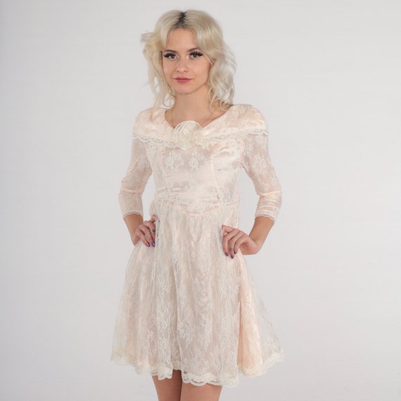 Gunne Sax Dress 80s Pink White Lace Mini Dress Puff Sleeve High Waisted Fit and Flare Sheer Floral Rosette Bridal Vintage 1980s 2xs xxs