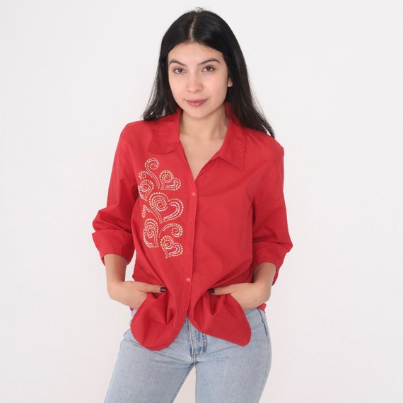Studded Heart Blouse 90s Red Top Button up Shirt Cuffed 3/4 Sleeve Gold Silver Round Studs Retro Glam Shiny Boho Vintage 1990s Medium M