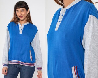 Henley Sweatshirt 80s Blue Grey Colorblock Pullover Sweatshirt Quarter Snap Up Ringer Striped Sweater Retro Basic Vintage 1980s Trax Medium