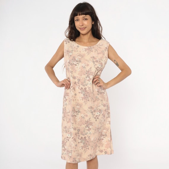 60s Floral Shift Dress Sleeveless Cream Beige Pink Gray Brown Cottagecore Prairie Cotton Back Zip Summer Spring Vintage Mod Casual Medium M