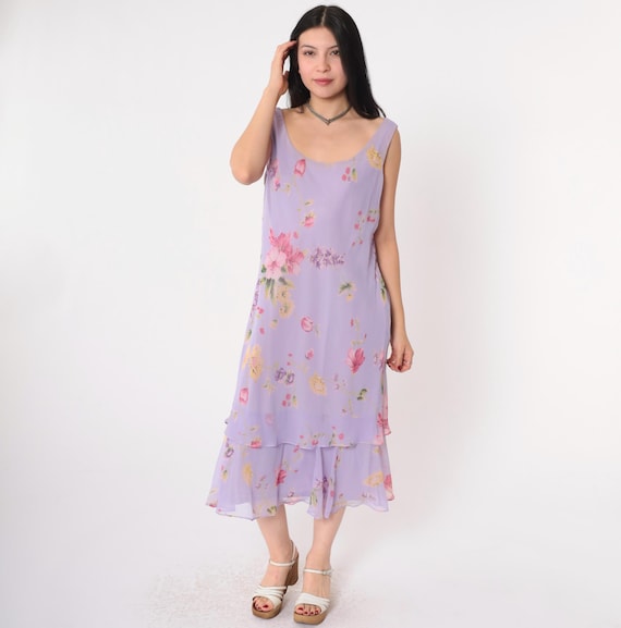 Vintage Chiffon Floral Dress 90s Purple Tiered Layered Hem Midi Sundress Y2K Party Boho 1990s Bohemian Hippie Sleeveless Retro Plus Size 18