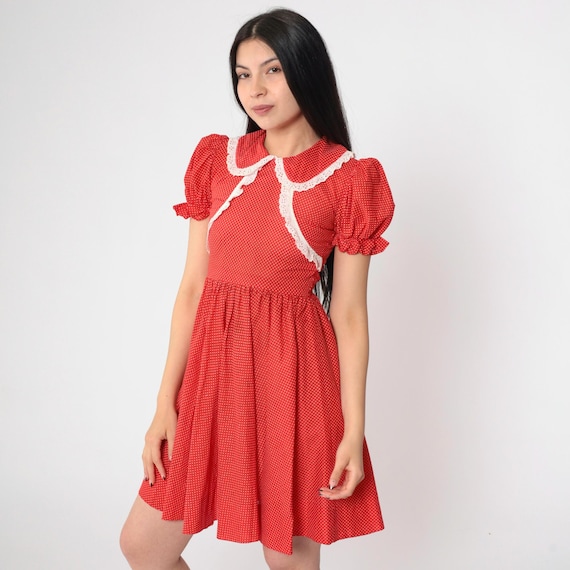Vintage Polka Dot Dolly Dress 60s 70s Puff Sleeve Mini Peter Pan Collar Lace Trim Lolita Dress Boho Mod High Waisted 1970s 2xs xxs