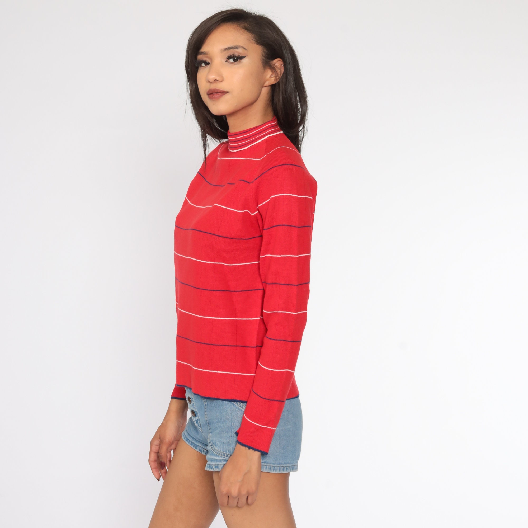 Red Striped Sweater 70s Sweater Knit Pullover Mock Neck Sweater White ...