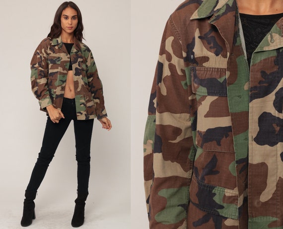 Camo Army Shirt Military Jacket Camouflage Olive Drab Green Commando Button Up Grunge Oversized Vintage Small short
