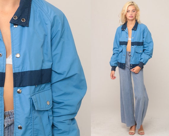Bomber Jacket 70s Jacket Nylon Windbreaker Baby Blue Striped Jacket Vintage 80s Hipster Moto Sports Preppy Medium