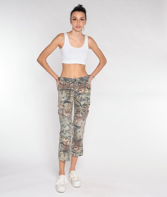 Camo Pants 90s Leaf Print Camouflage Trousers Grunge Punk Cropped Pants Mid Rise Slim Skinny Ankle Pants Brown Vintage 1990s Extra Small xs
