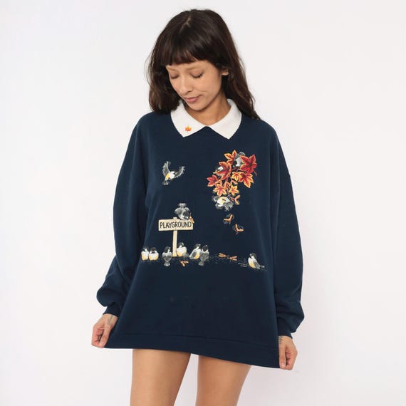 90s Bird Sweatshirt Chickadee Morning Sun Autumn Leaves Playground Blue Fall Nature Wildlife Graphic Cotton Sweater Vintage Extra Large XL