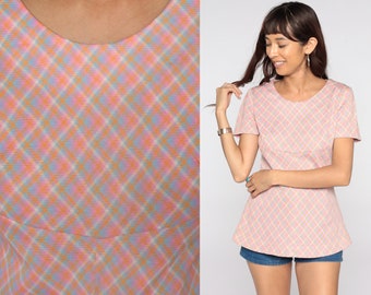 Pink Plaid Blouse 70s Shirt Checkered Print Boho 1970s Top Short Sleeve Shirt Vintage Small