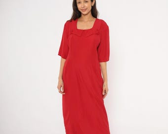 Vestido midi rojo de los 90 con escote cuadrado, roseta, manga corta, carmesí cereza escarlata, corte recto, estilo vintage, oficina, secretaria, mujer, cóctel, fiesta, talla L