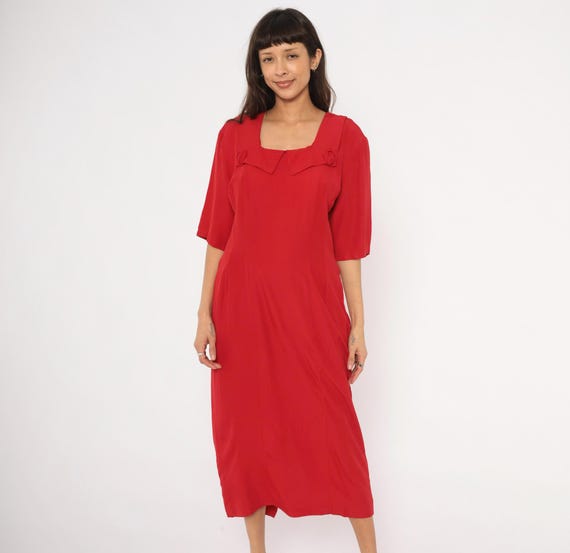 90s Red Midi Dress Square Neckline Rosette Half Sleeve Crimson Cherry Scarlet Shift Vintage Office Secretary Women Cocktail Party Large L
