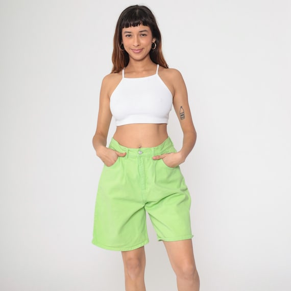 Vintage Lime Green Denim Shorts 90s Jean Shorts High Waisted Rise Shorts Mid Length Bermuda Retro Relaxed Tomboy Casual 1990s Large 12