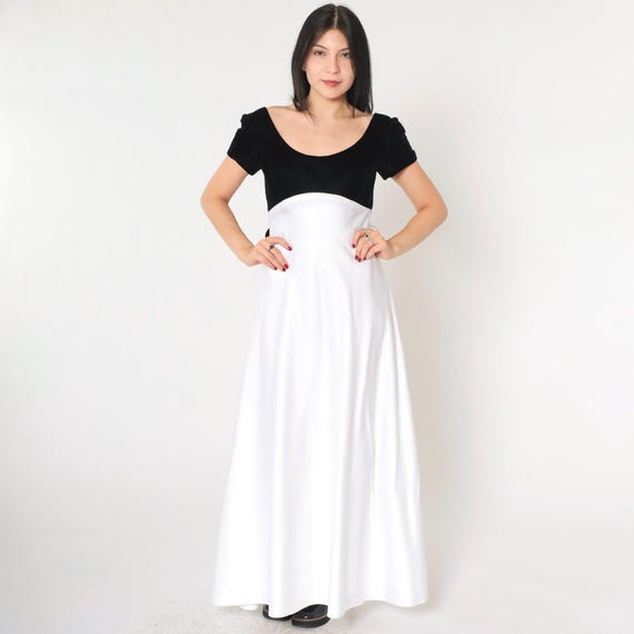 Vintage White Satin Dress 90s Black Velvet Maxi Party Dress 1990s Long Formal Sheath Cocktail Bow Silky Evening Gown Empire Waist Small 6