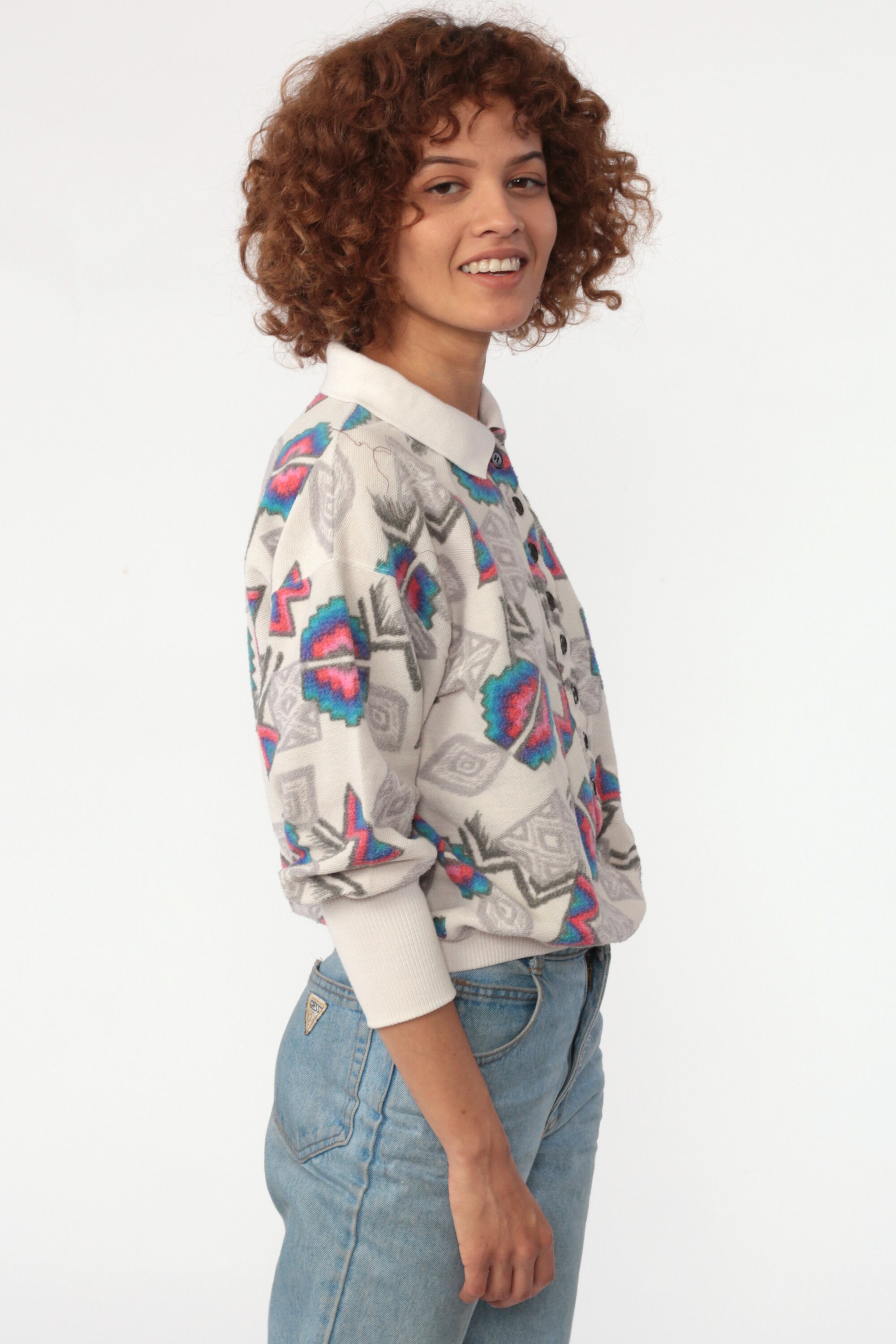 Tribal Shirt Aztec CROPPED Sweatshirt 80s Boho Polo Southwestern Sweater Print 1980s Vintage
