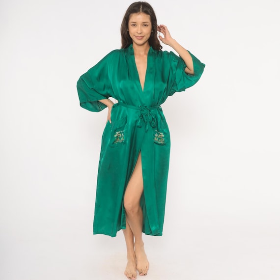 Emerald Silk Kimono Robe 80s Embroidered Landscape Scenic Teal Green Duster Tie Front Patch Pocket Sleeve Coverup Housecoat Vintage Large L