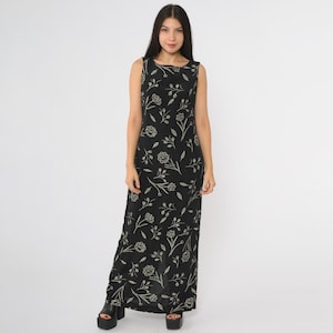 90s Maxi Dress Black Floral Sleeveless Botanical Print Vintage Round Neck Tank Minimalist Line Drawing Rayon Modern Art Small S 4