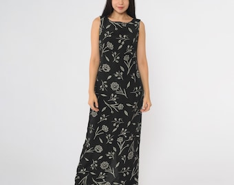 90er Maxi Kleid Schwarz Floral Ärmellos Botanischer Druck Vintage Rundhalsausschnitt Tank Minimalistisch Strichzeichnung Rayon Moderne Kunst Kleine S 4