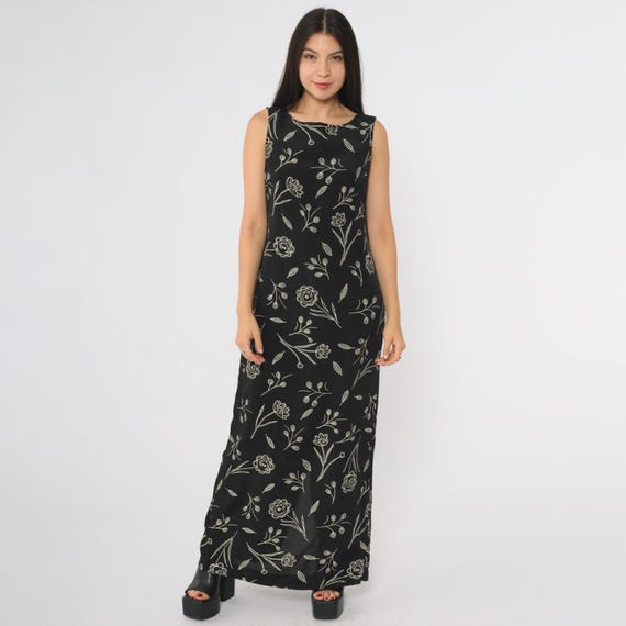 90s Maxi Dress Black Floral Sleeveless Botanical Print Vintage Round Neck Tank Minimalist Line Drawing Rayon Modern Art Small S 4