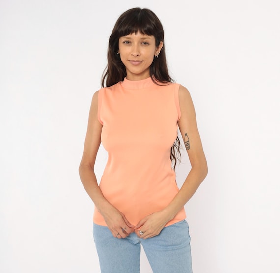 70s Sleeveless Peach Mock Neck Tank Knit Blouse Salmon Ribbed High Collar Top Coral Apricot Shirt Summer Layering Vest Extra Small XS
