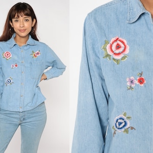 Floral Denim Shirt 90s Embroidered Button up Jean Shirt Gardening Collared Blouse Blue Top Long Sleeve Flower Garden Vintage 1990s Medium M