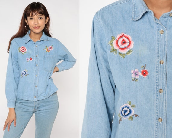 Floral Denim Shirt 90s Embroidered Button up Jean Shirt Gardening Collared Blouse Blue Top Long Sleeve Flower Garden Vintage 1990s Medium M