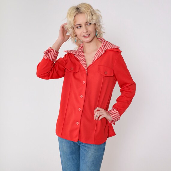 70s Red Shirt Checkered Double Dagger Collar Shirt Button Up Shirt Long Sleeve Top Disco Shirt 1970s Collared Plain Polyester Medium
