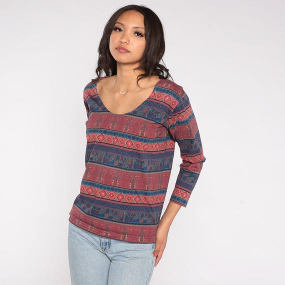 Southwestern Print Top 90s Chicos Design Tribal Pattern Burgundy Navy Scoop Neck Cotton Boho Ethnic Festival Long Sleeve Vintage Size Small
