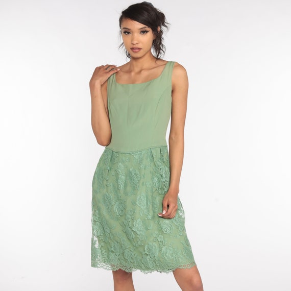 Lace Party Dress 60s Green Cocktail Midi Tea Length 1960s Wiggle Hourglass Sixties Vintage Formal High Waist Mad Men Small